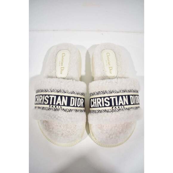 Christian Dior Dway Blue White Shearling Fur Logo Chunky Slide Flat Sandal 40 - Picture 7 of 12